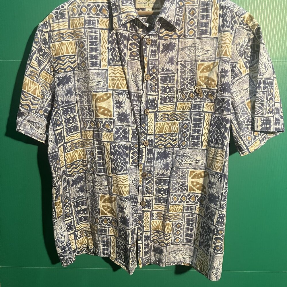 Island Shores Hawaiian Shirt XL Blue Tan Tribal Patchwork Print 100% Cotton Shor